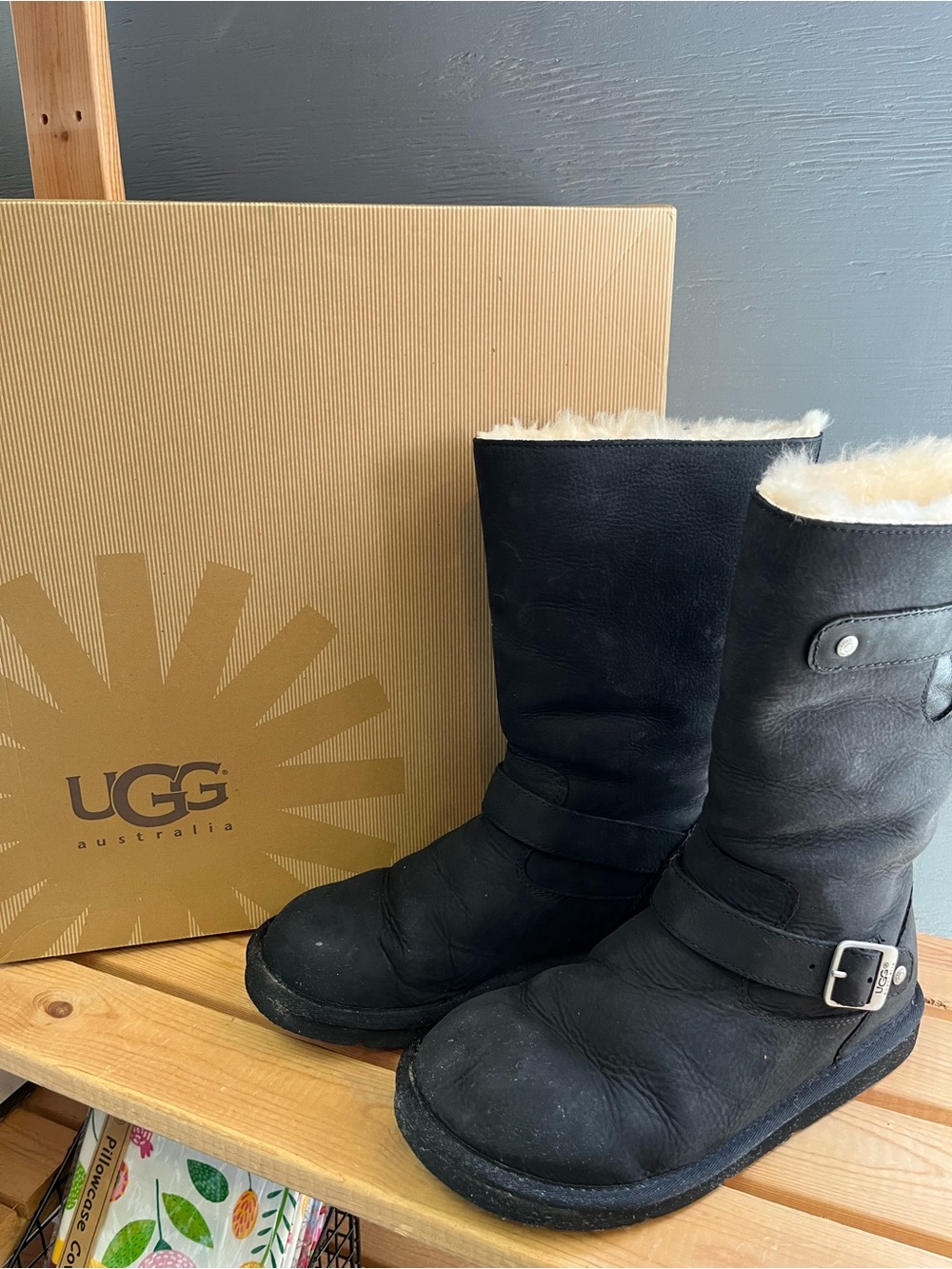 UGG Black Leather Shearling-Lined Mid-Calf Boots